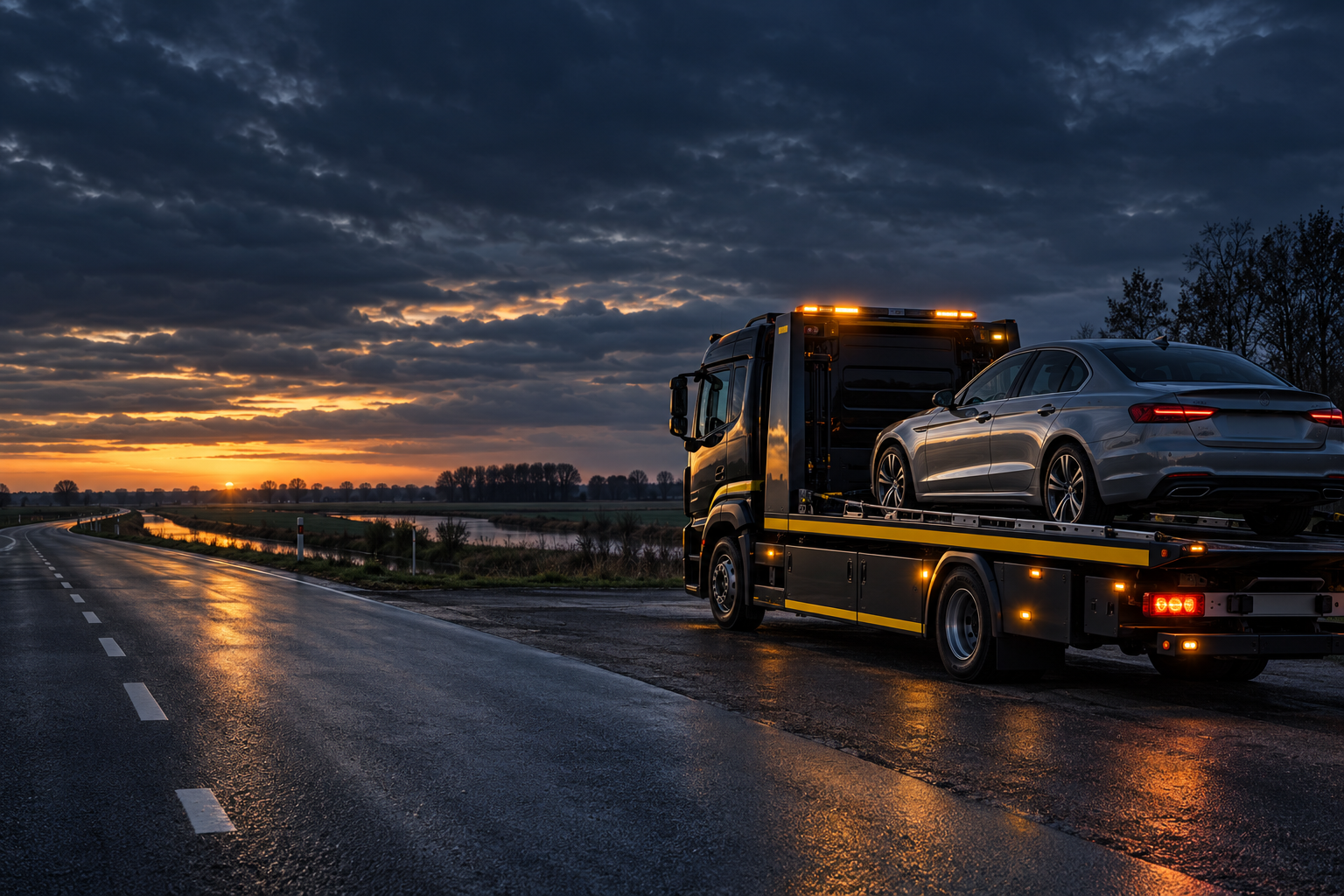 Illustration of a recovery truck carrying a car beside a quiet road at dusk
